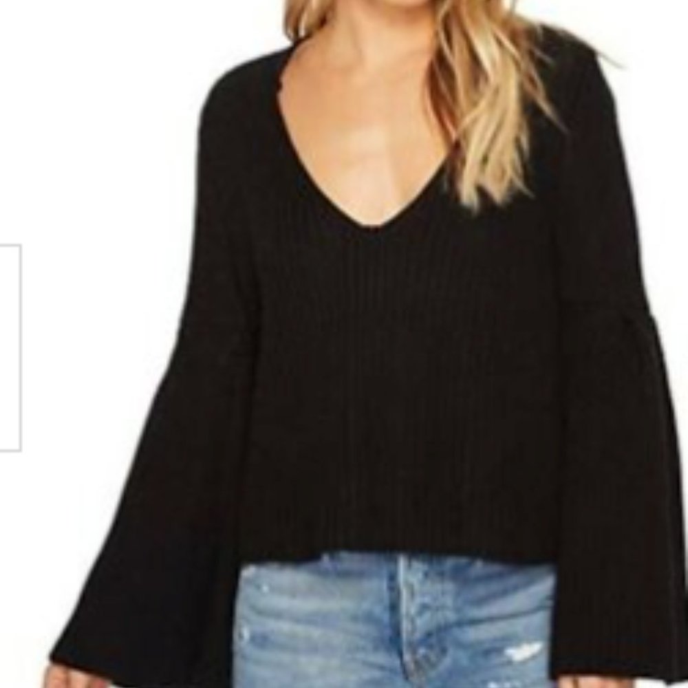 Free People Damsel Black Chunky Knit Cropped Bell Sleeve Sweater